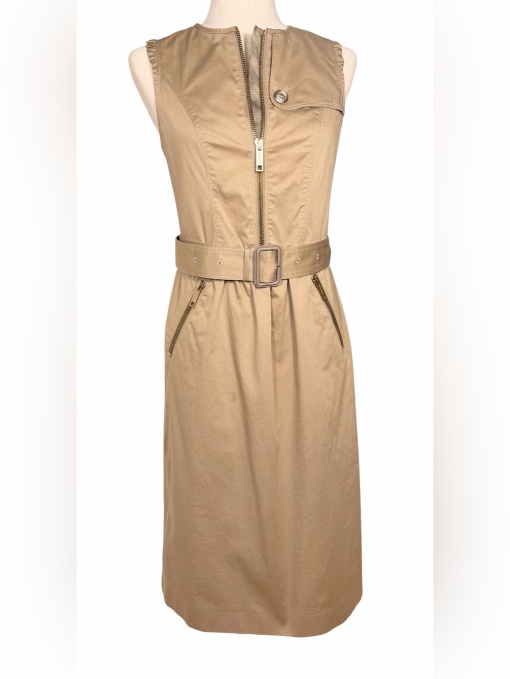 Burberry London Sleeveless Belted Trench Dress in Khaki Brass Leeather Details 6